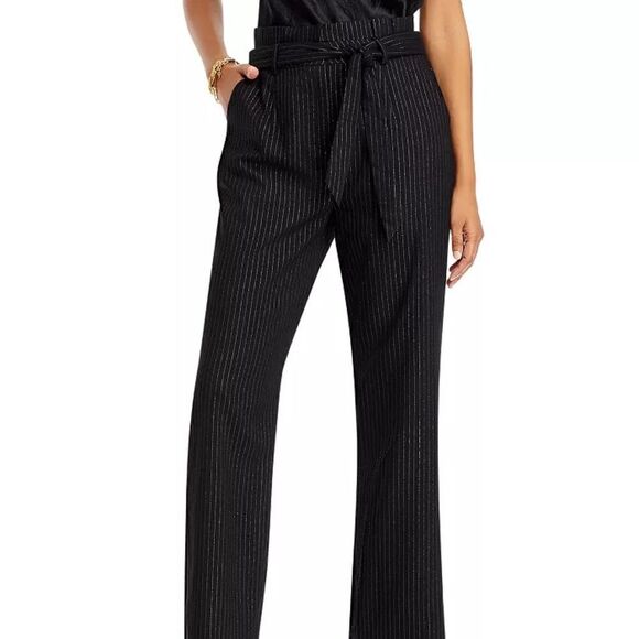T Tahari Pinstriped Belted Black Pants Size 12 Straight Leg Pockets NWT - Picture 1 of 2